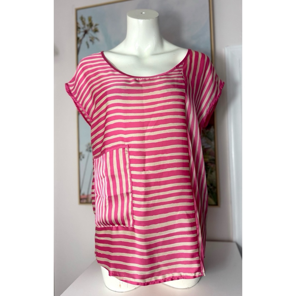 Zara Pink Cream Stripe Silky Satin Boxy Blouse Loose Fit Short Sleeve Top Small